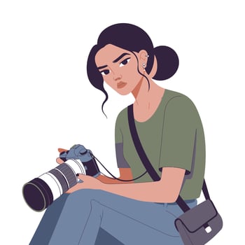 Young Woman Photographer Posing with Camera vector