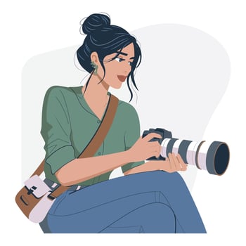Smiling female photographer with a telephoto lens vector