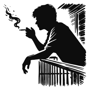 Silhouette of a Man Smoking on a Balcony Illustration vector