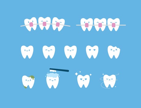 cute set collection of tooth cartoon mascot simple flat icon style illustration in white color vector