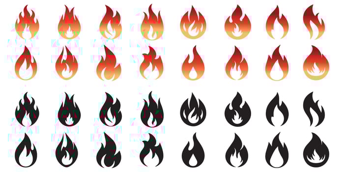 Flame grediant fire icon flame logo template and silhouette shape isolated on white background vector