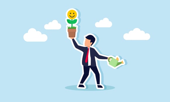 Businessman holding a blooming plant with a happy emoticon while carrying a watering tool in the other hand, illustration of pride in manage business psychology from market attention vector