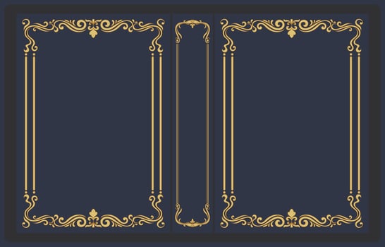 Book covers made of sturdy cardboard, adorned with a vintage gold frame and a rich blue texture. vector