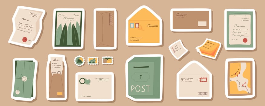 Flat craft mail and letter sticker pack design, trendy style paper envelope with invitation and document patch template, creative handmade letter badge set, cartoon mailbox and postcard stamp. vector