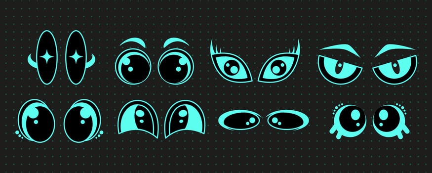 Modern techno y2k cute eyes collection, space trippy face element , futuristic psychedelic facial look groovy shape collection, blue neon trendy acid symbol graphic, retro abstract 90s form set vector