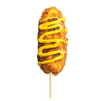Savory corn dog with mustard on a wooden stick png