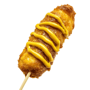 Crunchy corn dog on a stick topped with mustard png