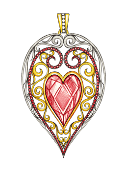Heart mix vintage art set with red sapphire pendant jewelry design by hand drawing on paper. png