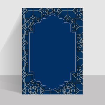 a blue and gold card with an islamic pattern background with copy space vector