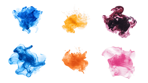 Colorful and vibrant abstract paint splashes showcasing a dynamic mix of blue, orange, yellow, pink, and black in an artistic composition png