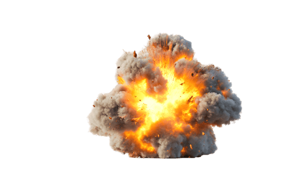 Dramatic explosion creating a massive cloud of smoke and vibrant flames radiating outward from a central point depicting the power of destruction in an intense visual display. png