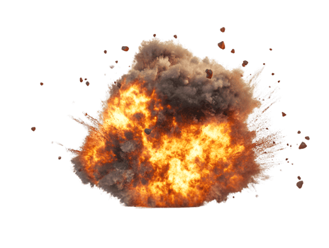 Dynamic explosion showcasing fiery embers and dark smoke in a powerful and chaotic moment filled with intense energy and dramatic visual effects png