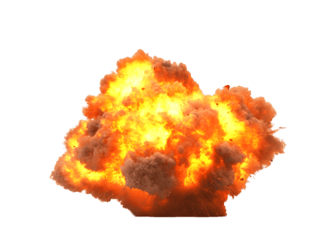 Dynamic explosion with vibrant burst of flames and smoke showcasing intense energy and raw power in a dramatic scene filled with colors of orange and yellow png