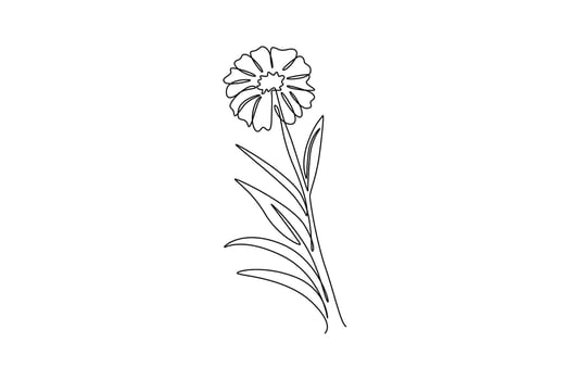 Single continuous line drawing of beauty fresh tagetes erecta for home decor wall art poster. Decorative marigold flower for floral card frame. Dynamic one line draw graphic design illustration vector