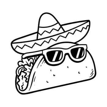 fun taco wearing sombrero and glasses cartoon character isolated drawing line style sketch classic vintage design illustration vector