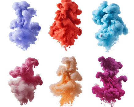 Vibrant collection of swirling smoke clouds in shades of blue pink orange purple and red creating a mesmerizing artistic display png