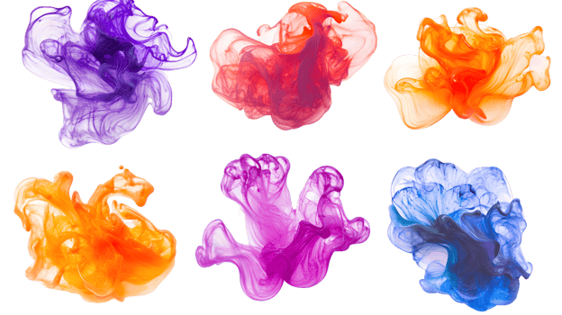 Vibrant swirls of colorful ink blending together in artistic formations with hues of purple orange red pink and blue creating an eye catching visual effect png