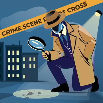 Detective or a policeman with a magnifying glass in his hand investigating at crime scene vector