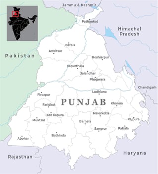 Punjab district map marked with most important cities, state of India vector