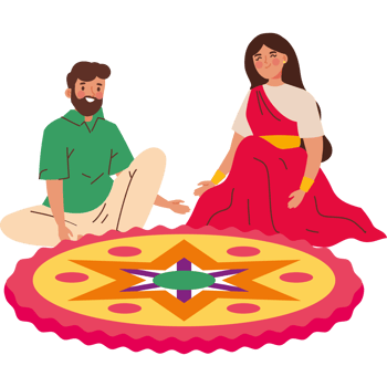 couple doing floral design for onam festival png