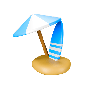 a 3d illustration of blue beach umbrella and blue surfing board png