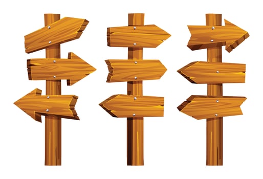 Wooden signposts with various directions and rustic textures. Cartoon illustration vector