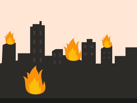 The image depicts a city skyline engulfed in flames vector