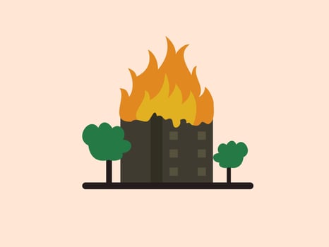Two green trees stand on either side of the burning structure vector