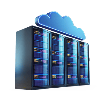 3D cloud data connect with modern Network server racks front view isolate on transparent background png