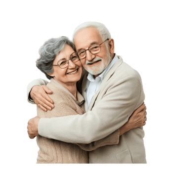 Happy senior couple embracing together, standing isolate on transparent background png