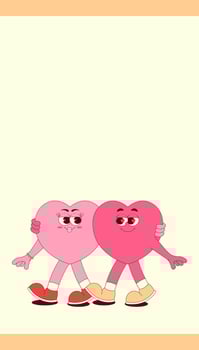 Vertical stories template with walking couple heart characters in retro groovy style. Social media post with psychedelic mascot. illustration with copy space vector