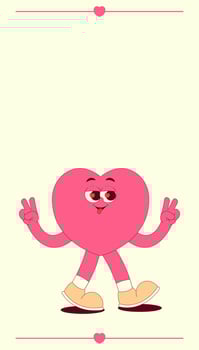 Vertical stories template with walking heart character in retro groovy style. Social media post with psychedelic mascot. illustration with copy space vector
