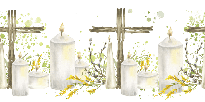 Easter festive border with wooden cross, white cozy candles and floral arrangement. Hand drawn seamless banner with religious symbols for wedding,concert invitation,poster design png