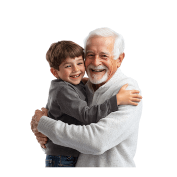 Grandfather hugging grandson laughing together standing isolate on transparent background png