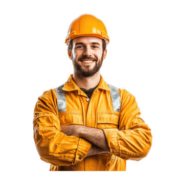 Smiling construction worker or engineer standing with arm cross isolate on transparent background png