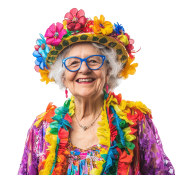Senior woman celebrating carnival, standing isolate on transparent background png
