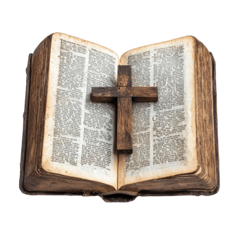 Open bible book with Wooden cross in the middle side view isolate on transparent background png