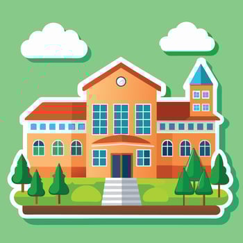 School building and waving flag with flat design vector