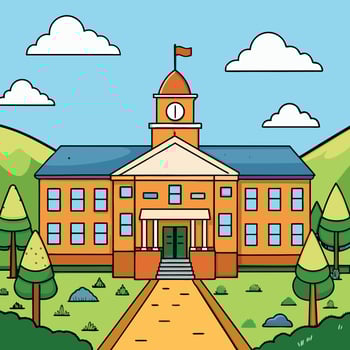 School flat colored illustration with building landscape and welcome back to school headline vector