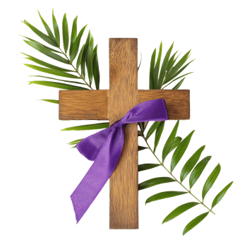 Wooden cross with purple ribbon and palm leave isolate on transparent background png