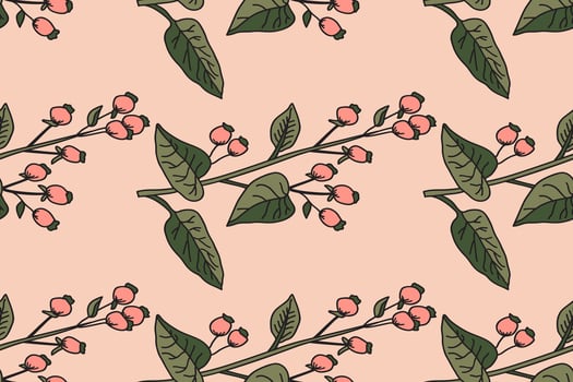 Botanical abstract seamless branch with leaves and berries pattern illustration. Repeating tree plant print in pink pastel colors. Graphic design for Wallpaper Wedding Cover Wrapping Textile vector