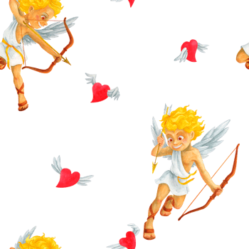 Seamless pattern with cartoon Cherub Cupid hunting red flying hearts. Creative romantic watercolor ornamental with symbols of love and marriage for Valentine's Day wrapping paper, textile, wallpaper png