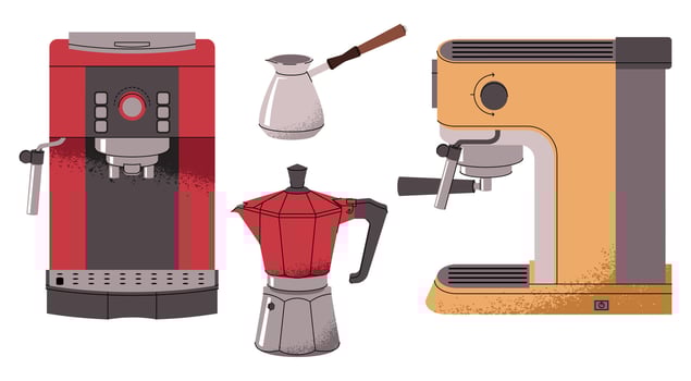 Coffee maker set. Espresso machine and cezve, geyser coffee maker. Equipment for a cafe or bakery for morning energy hot drinks. Flat illustrations isolated on white background vector