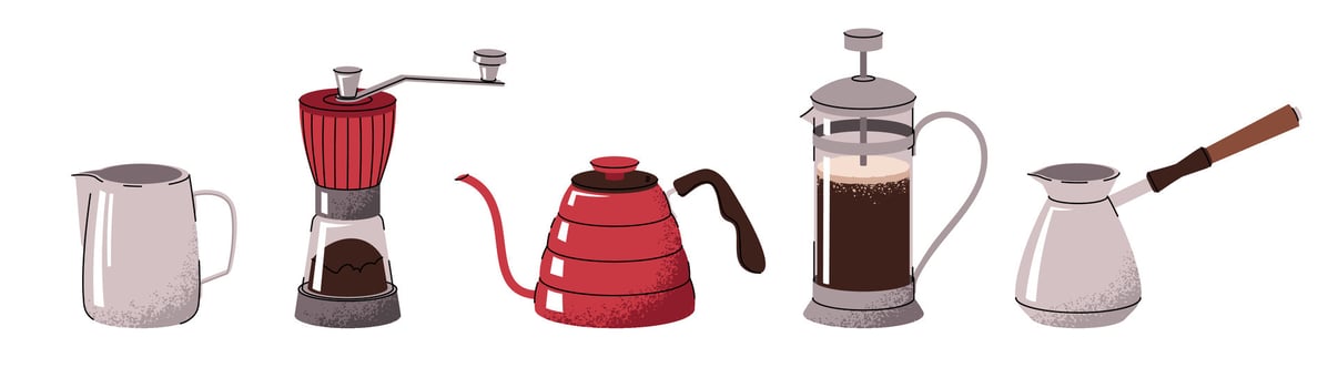 Barista tool set. Appliances for making hot coffee drinks in cartoon style. Flat illustrations isolated on white background vector