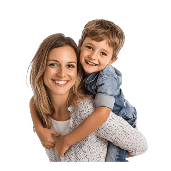 Mother giving her son a piggy back ride, standing isolate on transparent background png