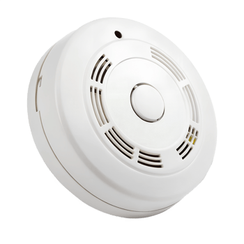 A white smoke detector with a simple circular design and a central button. The detector is shown from a slight angle, isolated on a transparent background png