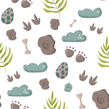 Dinosaur seamless pattern tracks. Minimal color background with paw, stones, rainbow. Dinosaur footprint seamless pattern perfect for textile, wrap and wallpaper and design. vector