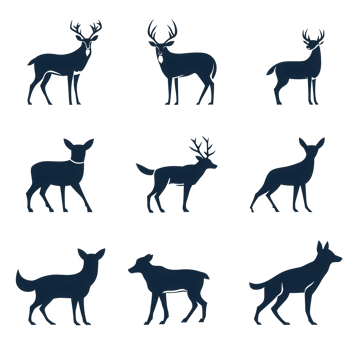 A collection of stylized deer and wolf silhouettes in various poses and arrangements. png