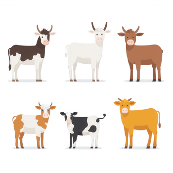 A collection of cute cows showcasing diverse breeds in a playful cartoon style. png