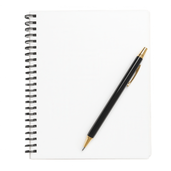 A blank notebook with a pen ready for notes, ideas, or sketches, perfect for creativity. png